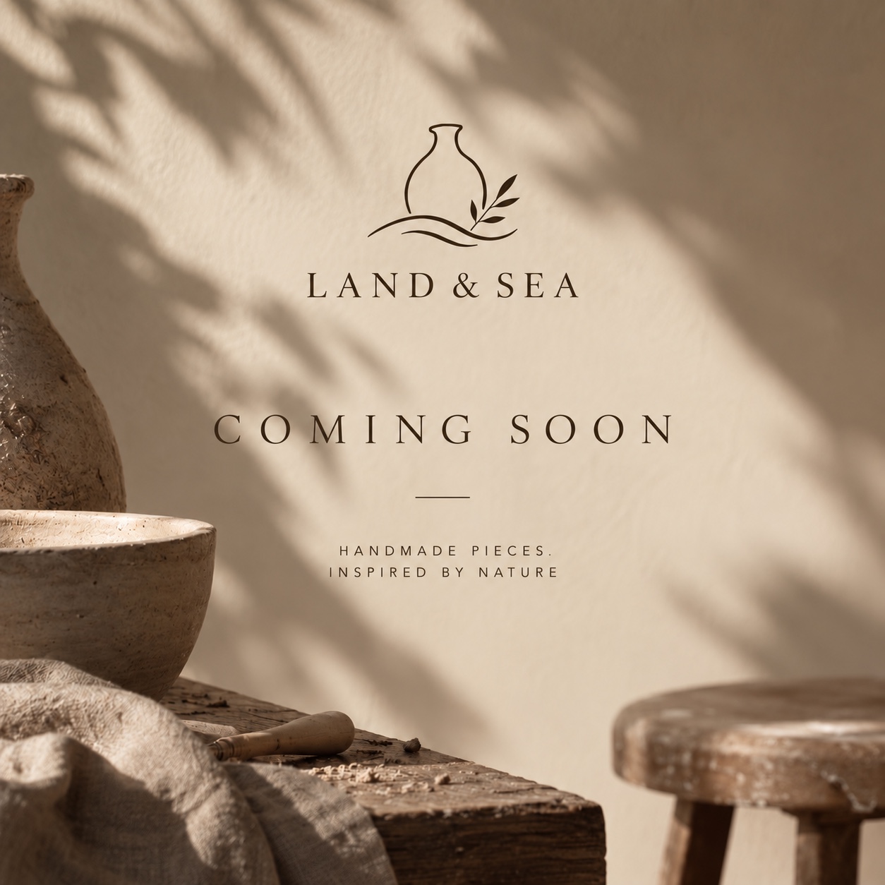 Land & Sea. Coming soon. Handmade pieces. Inspired by nature. The pottery logo appears above sunlit ceramics in warm natural tones.